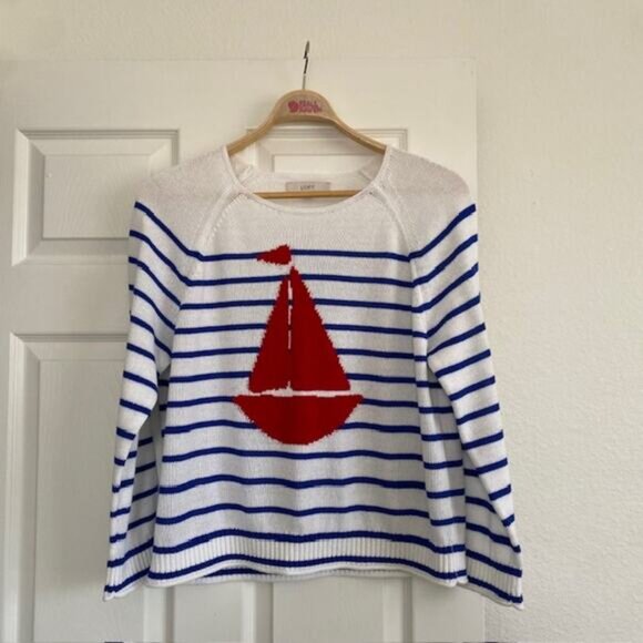 The Loft Pullover Sweater Red Sailboat over Blue & White Stripes Women's Large - Picture 12 of 12